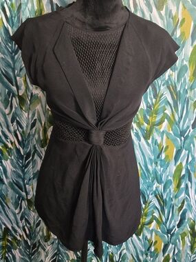 KITX Black Mesh-Knot Front Cap Sleeve Blouse